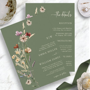 Whimsical Wildflowers Sage Green All In One Invitation