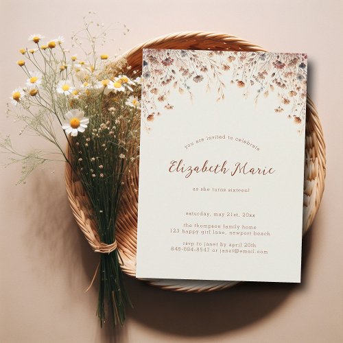 Whimsical Wildflowers Vintage Terracotta Sweet 16 Invitation