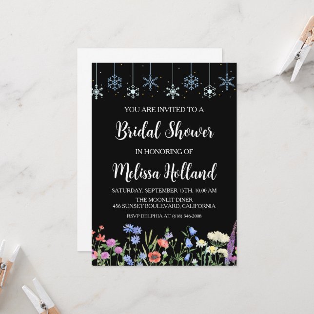 Whimsical wildflowers winter bridal shower invitation (Front/Back In Situ)