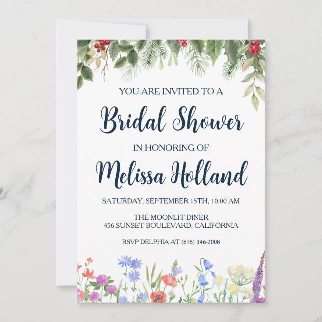 Whimsical wildflowers winter bridal shower invitation (Front)