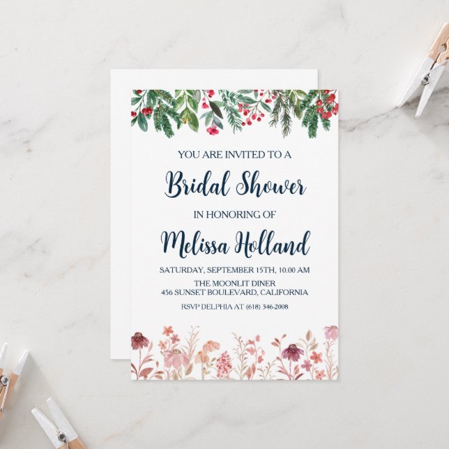 Whimsical wildflowers winter bridal shower invitation (Front/Back In Situ)