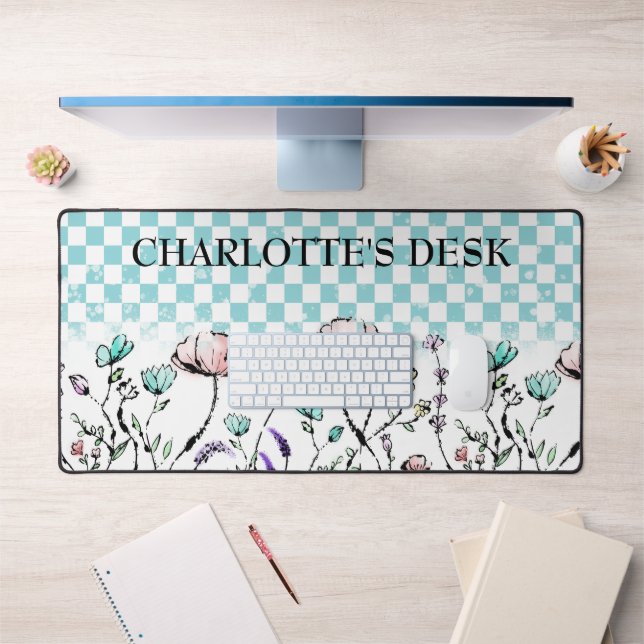Whimsical Wildflowers with Chequered Pattern Desk Mat (Office 1)