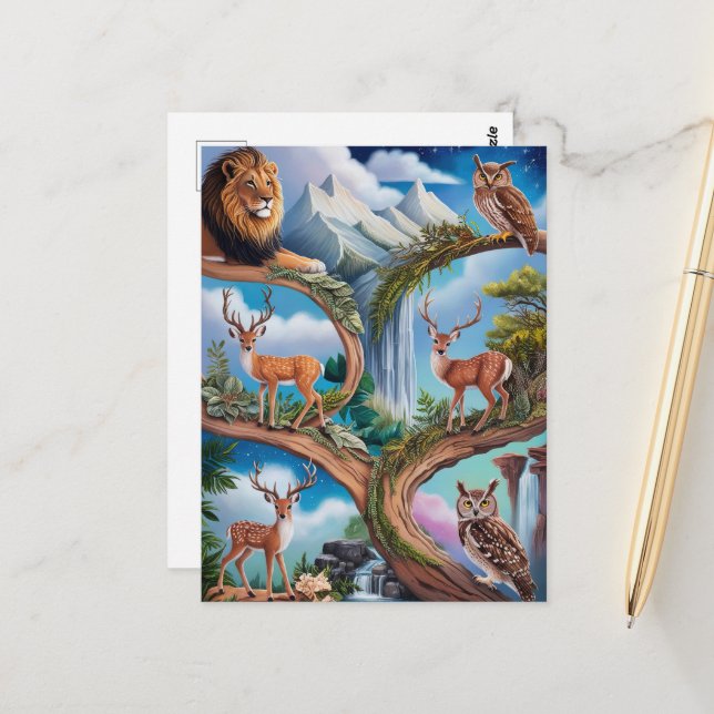 Whimsical Wildlife Fantasy Intricate Miniature  Postcard (Front/Back In Situ)