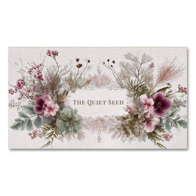 Whimsical Wine Floral Wreath Sage Folk Art Business Card Magnet (Front)