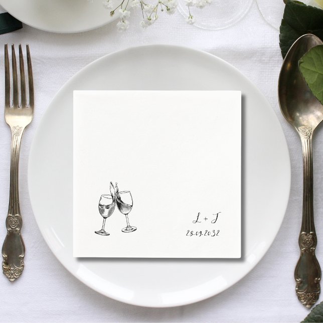 Whimsical Wine Glasses Cocktail Initials Wedding Napkins (Creator Uploaded)