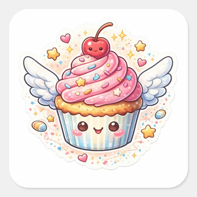 Whimsical Winged Cupcake – Cute design. Square Sticker (Front)