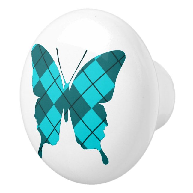 Whimsical Wings: Argyle Blues Ceramic Knob (Right)