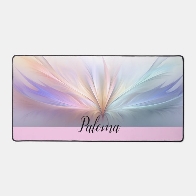 Whimsical Wings: Pastel Spectrum Feather Desk Mat (Front)