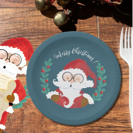 Whimsical Winking Santa Blue Christmas Paper Plate
