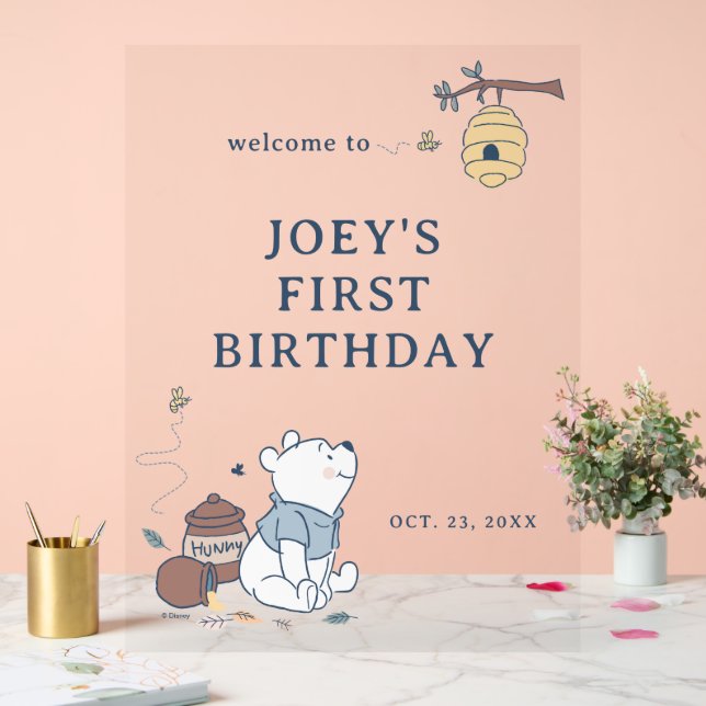 Whimsical Winnie The Pooh 1st Birthday Welcome Acrylic Sign (Wedding)