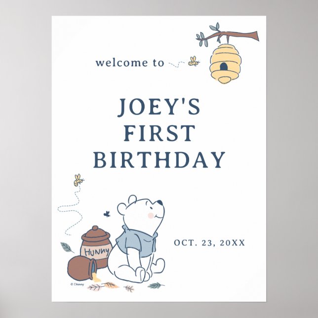 Whimsical Winnie The Pooh 1st Birthday Welcome Poster (Front)