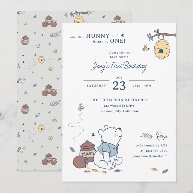 Whimsical Winnie the Pooh Hunny 1st Birthday Invitation (Front/Back)