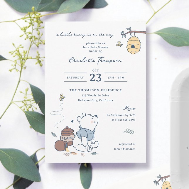 Whimsical Winnie the Pooh Hunny Baby Shower  Invitation (Invitation on table)