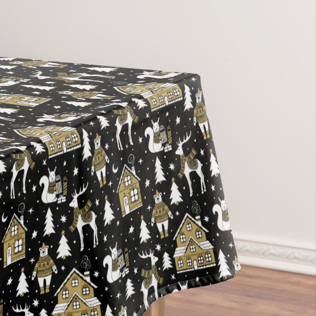 Whimsical Winter Animal Town Tablecloth (In Situ)