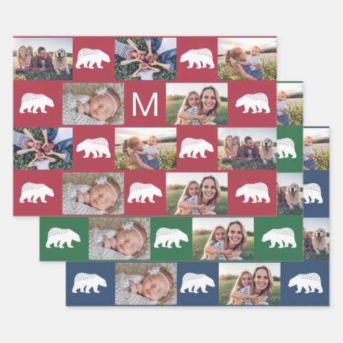 Whimsical Winter Bears Monogram Photo Collage Wrapping Paper Sheets