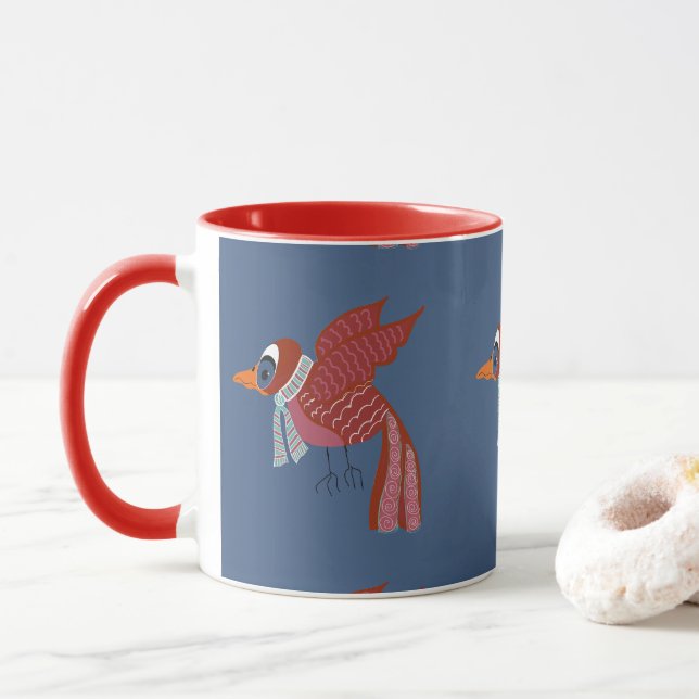 Whimsical winter bird with scarf mug (With Donut)
