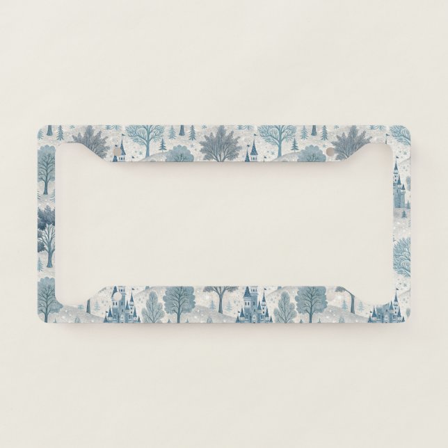 Whimsical Winter Castle Landscape in Blue & Grey License Plate Frame (Front)