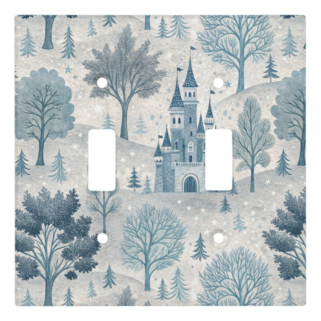 Whimsical Winter Castle Landscape in Blue & Grey Light Switch Cover (Front)