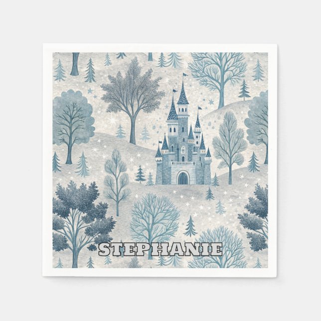 Whimsical Winter Castle Landscape in Blue & Grey Napkins (Front)