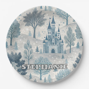 Whimsical Winter Castle Landscape in Blue & Grey Paper Plates