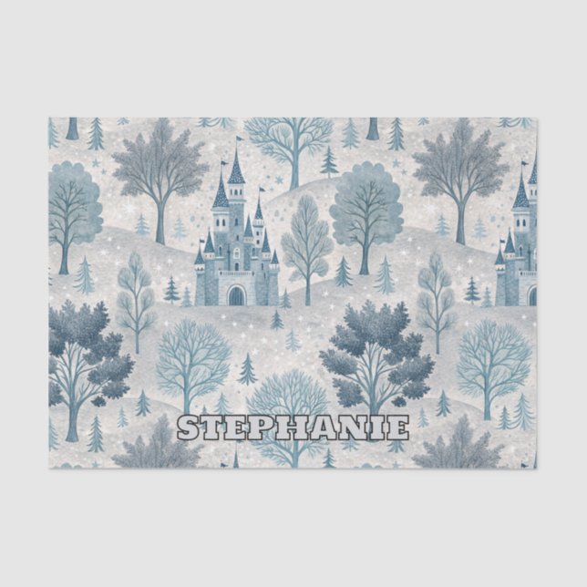 Whimsical Winter Castle Landscape in Blue & Grey Tissue Paper (Front)