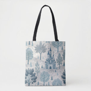 Whimsical Winter Castle Landscape in Blue & Grey Tote Bag