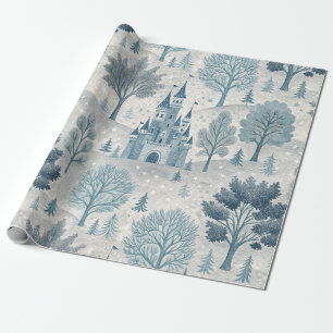 Whimsical Winter Castle Landscape in Blue & Grey Wrapping Paper
