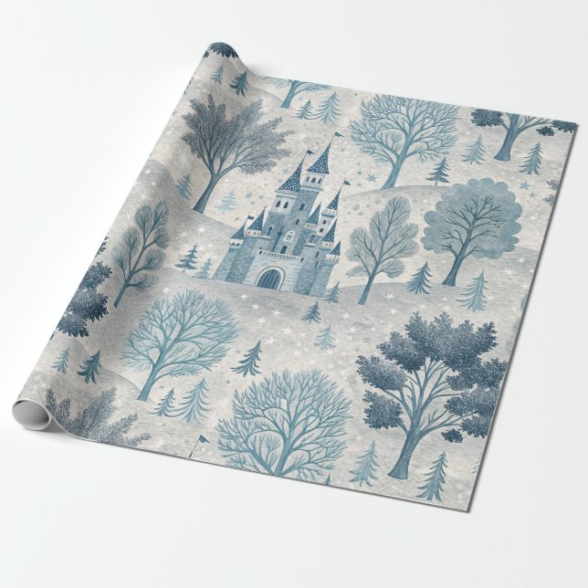 Whimsical Winter Castle Landscape in Blue & Grey Wrapping Paper (Unrolled)