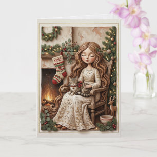 Whimsical Winter Cat Maiden Fantasy Art Card