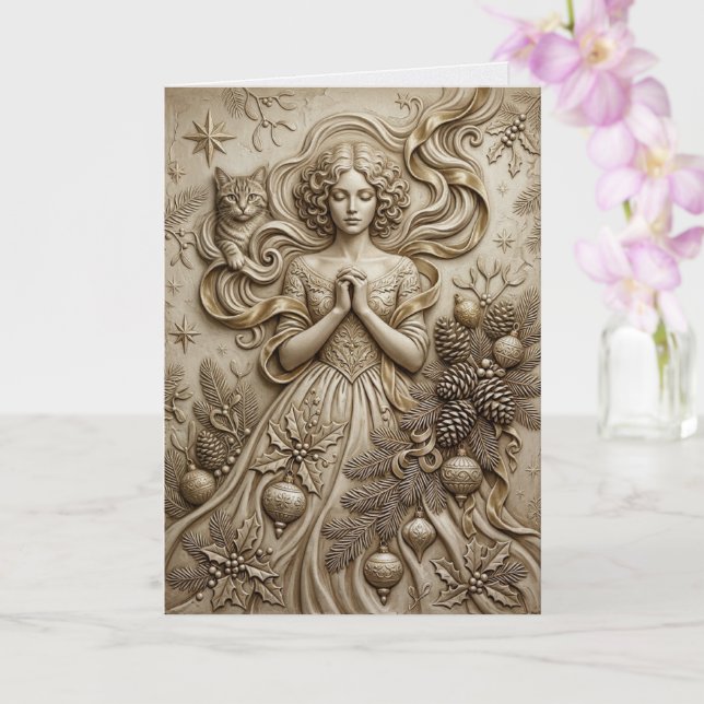 Whimsical Winter Cat Maiden Fantasy Art Card (Orchid)