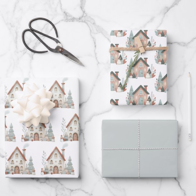 Whimsical Winter Christmas House Watercolor Wrapping Paper Sheets (Front)