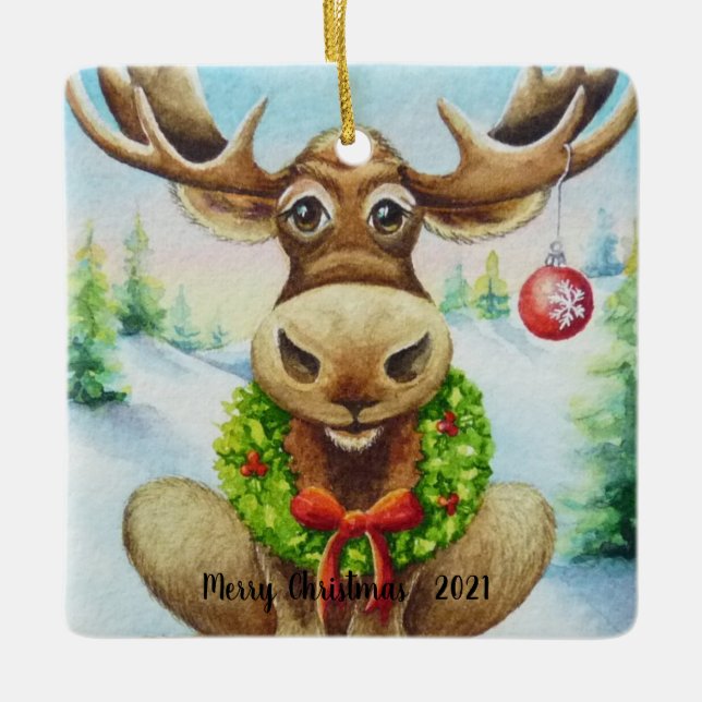 Whimsical Winter Christmas Moose Watercolor Art Ceramic Ornament (Front)