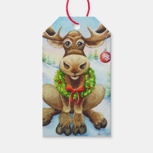 Whimsical Winter Christmas Moose Watercolor Art Gift Tags