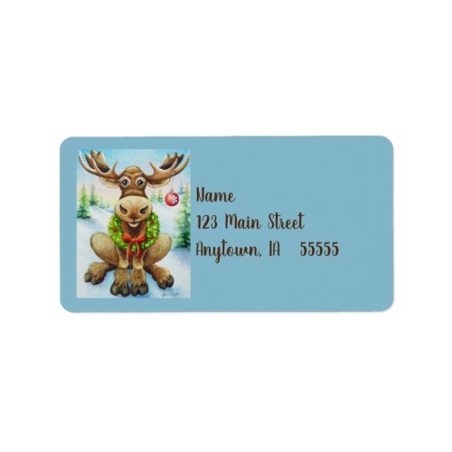 Whimsical Winter Christmas Moose Watercolor Art Label