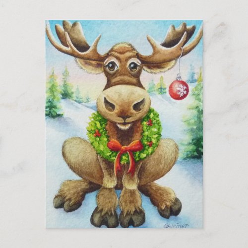 Whimsical Winter Christmas Moose Watercolor Art Postcard