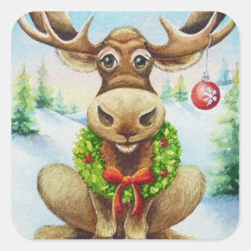 Whimsical Winter Christmas Moose Watercolor Art Square Sticker