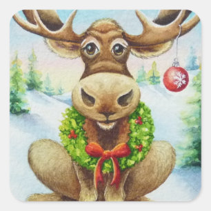 Whimsical Winter Christmas Moose Watercolor Art Square Sticker