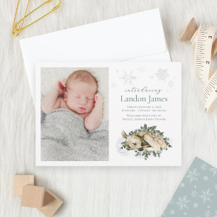 Whimsical Winter Deer Baby Boy Photo Birth Announcement