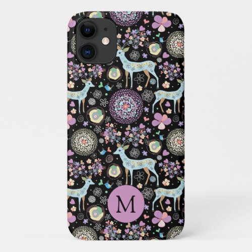 Whimsical Winter Deer Snowflakes Pattern Monogram iPhone 11 Case