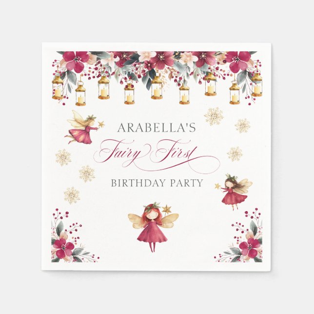 Whimsical Winter Fairy First Birthday Party Napkins (Front)