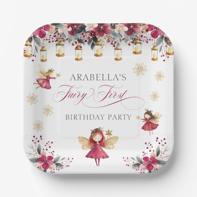 Whimsical Winter Fairy First Birthday Party Paper Plates (Front)