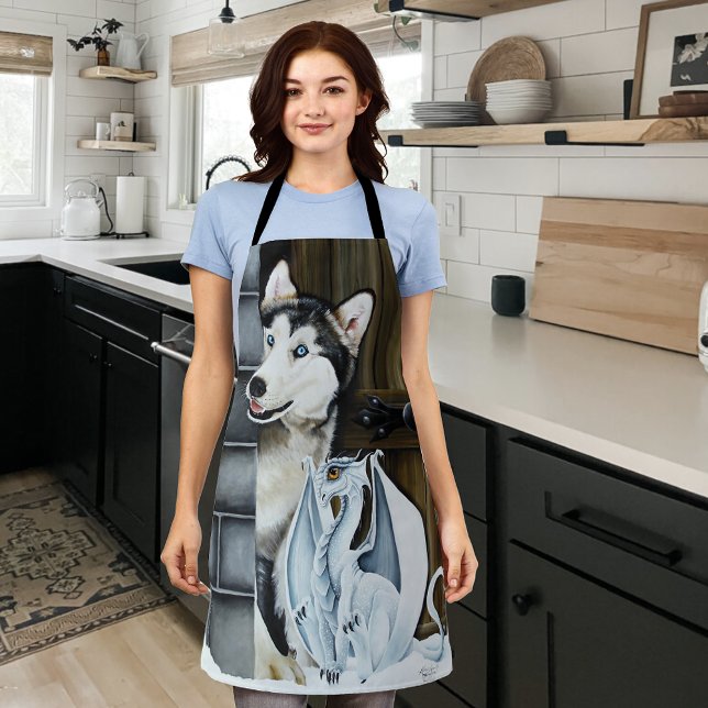 Whimsical Winter Fantasy Husky Dog Dragon Castle Apron (Creator Uploaded)