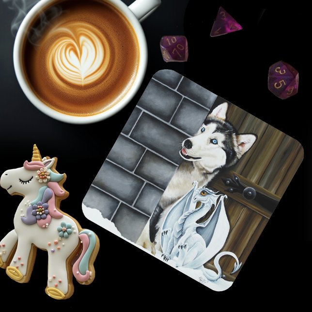 Whimsical Winter Fantasy Husky Dog Dragon Castle Beverage Coaster (Creator Uploaded)