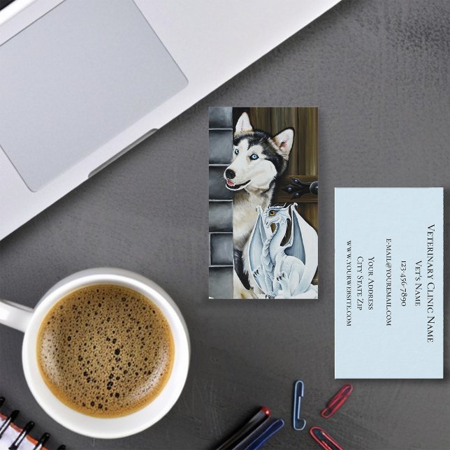 Whimsical Winter Fantasy Husky Dog Dragon Castle Business Card (Creator Uploaded)