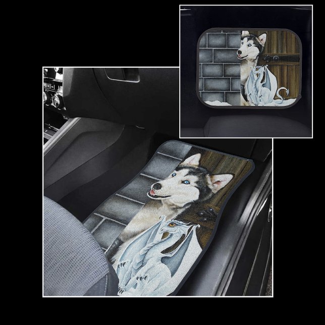 Whimsical Winter Fantasy Husky Dog Dragon Castle Car Floor Mat (Creator Uploaded)