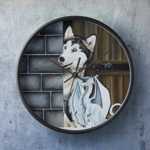 Whimsical Winter Fantasy Husky Dog Dragon Castle Clock