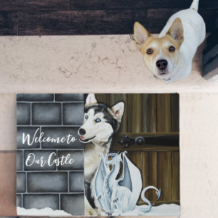 Whimsical Winter Fantasy Husky Dog Dragon Castle Doormat