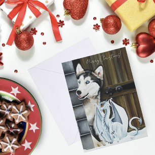 Whimsical Winter Fantasy Husky Dog Dragon Castle Holiday Card