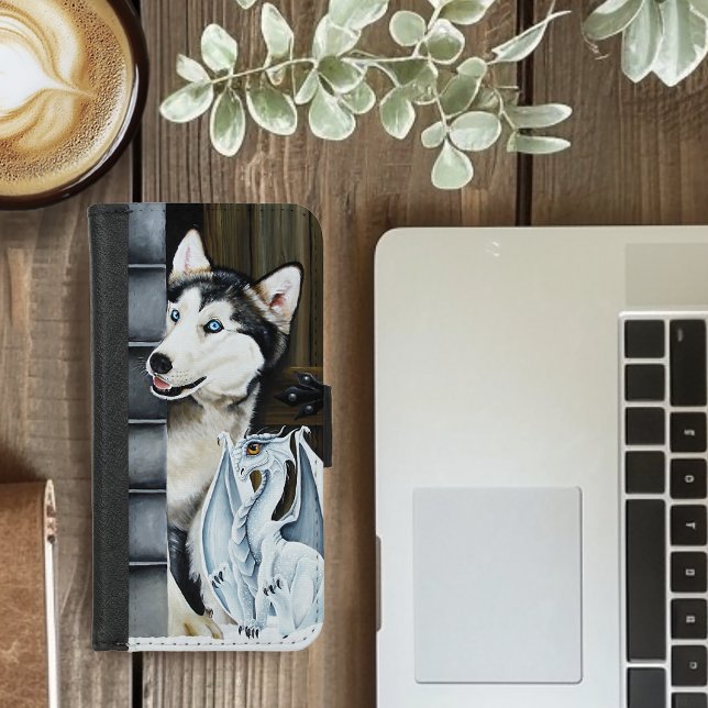 Whimsical Winter Fantasy Husky Dog Dragon Castle iPhone Wallet Case (Creator Uploaded)