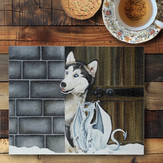 Whimsical Winter Fantasy Husky Dog Dragon Castle Jigsaw Puzzle (Creator Uploaded)
